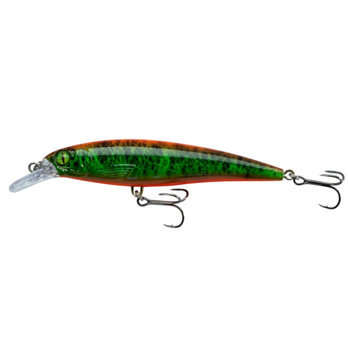 Fish-ing.net KG DONAURÄUBER-Z schwimmender Wobbler in Grün und Orange mit Long-Cast-System für Raubfische