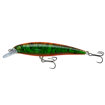 Fish-ing.net KG DONAURÄUBER-Z schwimmender Wobbler in Grün und Orange mit Long-Cast-System für Raubfische