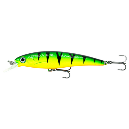 Fish-ing.net KG DONAURÄUBER-Z Wobbler in Barsch-Optik mit grün-gelber Färbung und schwarzen Streifen