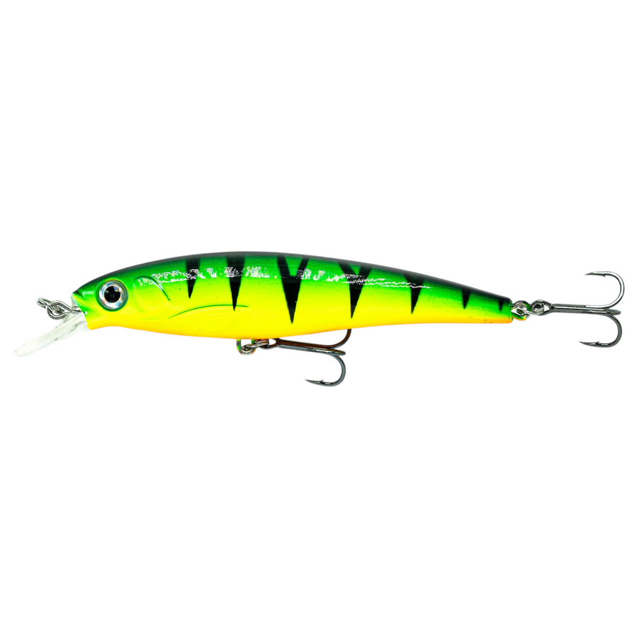 Fish-ing.net KG DONAURÄUBER-Z Wobbler in Barsch-Optik mit grün-gelber Färbung und schwarzen Streifen