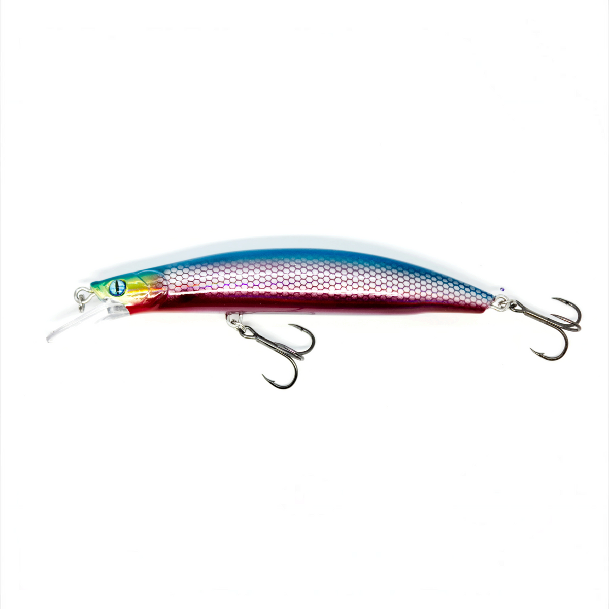 Fish-ing.net KG Nachträuber Wobbler mit blau-rotem Schuppenmuster, 135mm lang, ideal für Zander beim Nachtangeln.