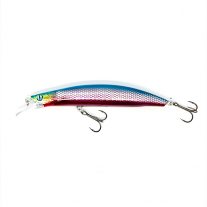 Fish-ing.net KG Nachträuber Wobbler mit blau-rotem Schuppenmuster, 135mm lang, ideal für Zander beim Nachtangeln.