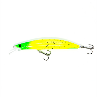 Fish-ing.net KG Nachträuber Wobbler in Neongelb und Grün mit schwarzem Sprenkelmuster für Zander