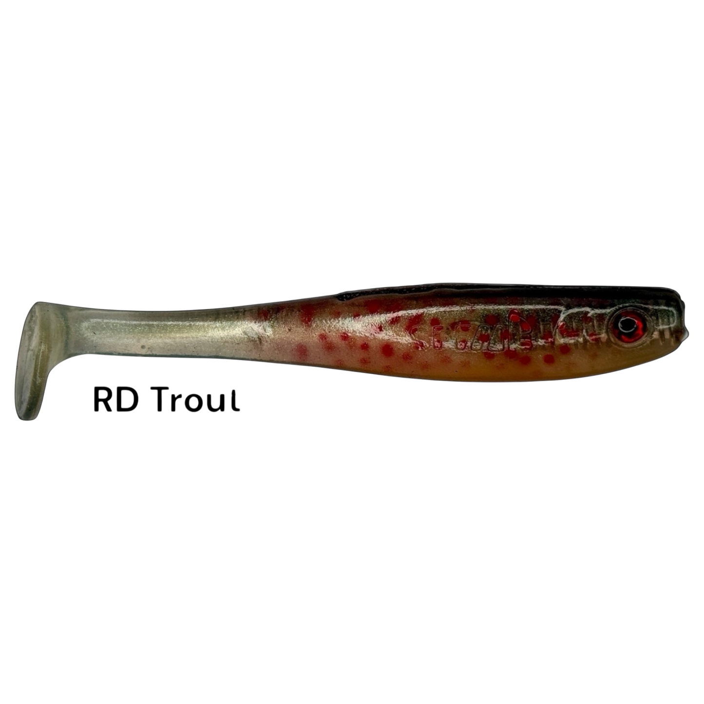 Fish-ing.net KG Shrady 10cm modular soft lure in RD Troul pattern with realistic red spots and red eye detail