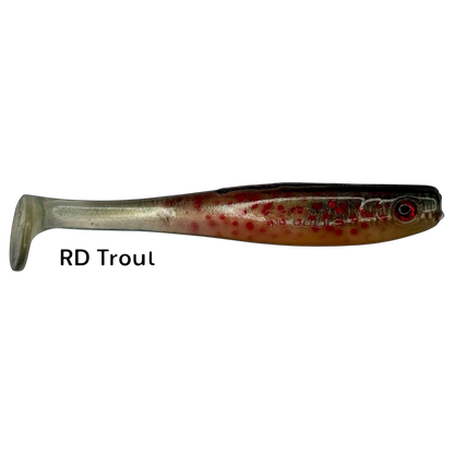 Fish-ing.net KG Shrady 10cm modular soft lure in RD Troul pattern with realistic red spots and red eye detail