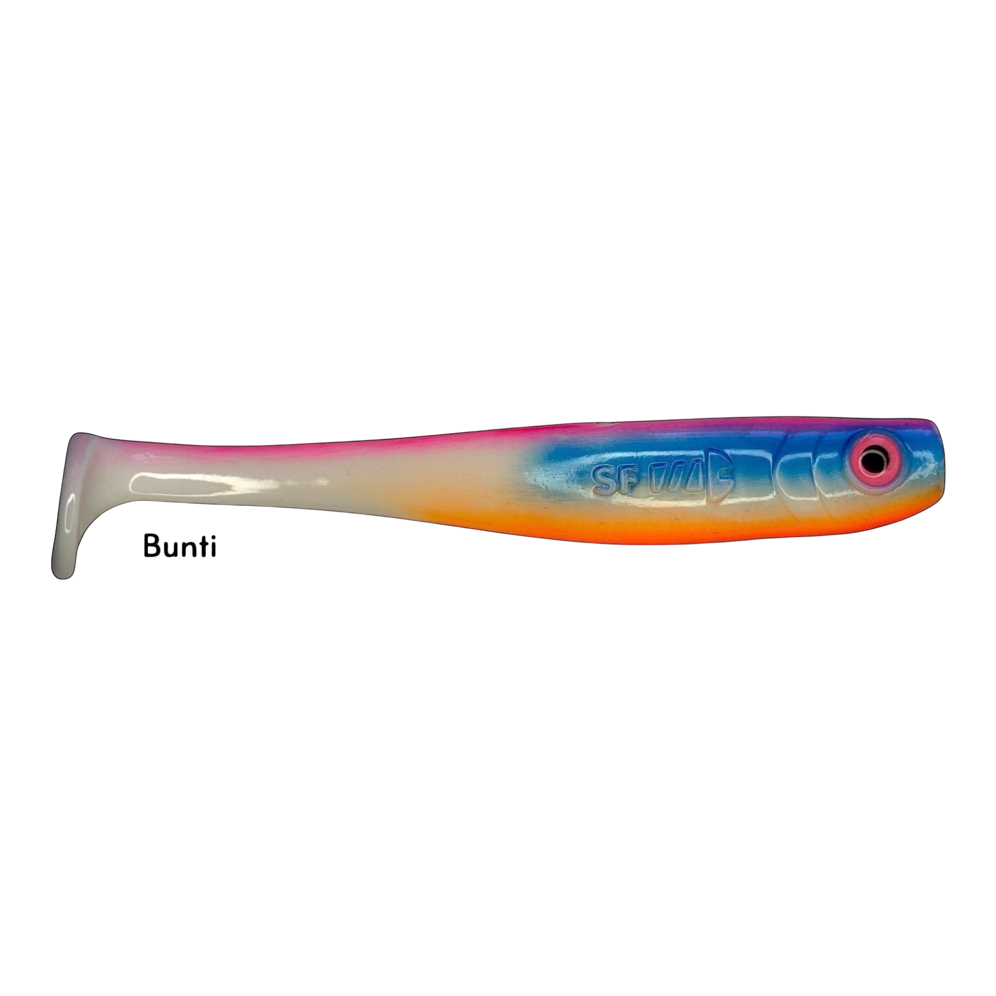 Fish-ing.net KG Shrady 14cm modular soft bait in Bunti color with blue, pink, and orange gradient for predator fishing