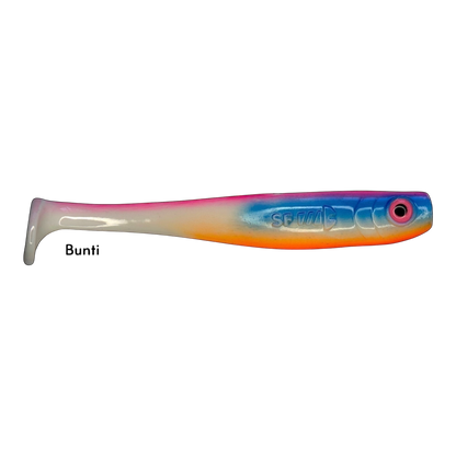 Fish-ing.net KG Shrady 14cm modular soft bait in Bunti color with blue, pink, and orange gradient for predator fishing
