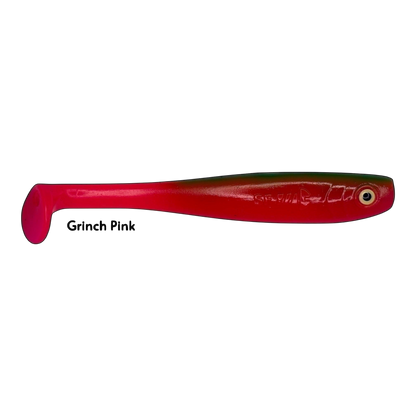 Fish-ing.net KG Shrady 14cm soft plastic lure in Grinch Pink with a paddle tail for predatory fishing