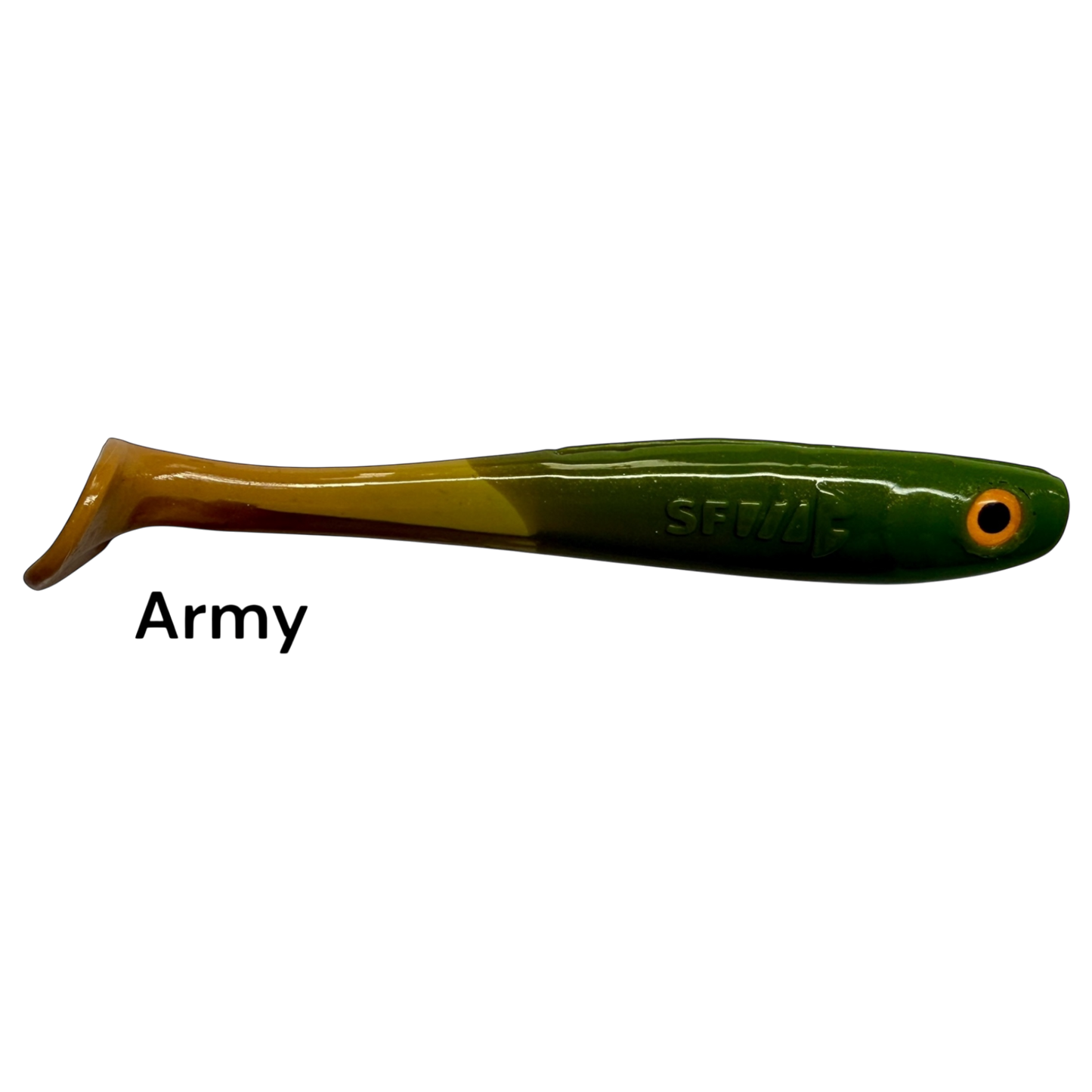 Fish-ing.net KG Shrady 10cm modular soft bait in Army green and brown with a paddle tail and orange eye detail