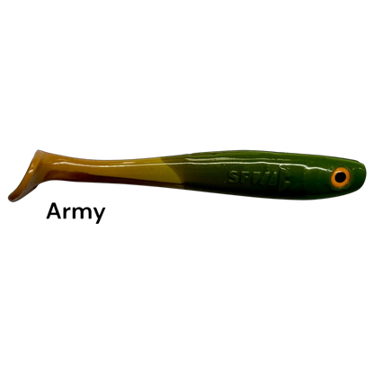 Fish-ing.net KG Shrady 10cm modular soft bait in Army green and brown with a paddle tail and orange eye detail