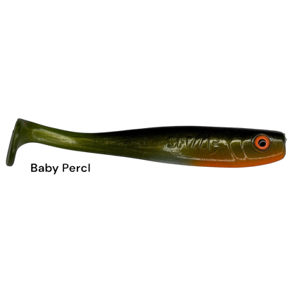 Fish-ing.net KG Shrady 10cm soft lure in Baby Perch color with paddle tail and integrated screw system