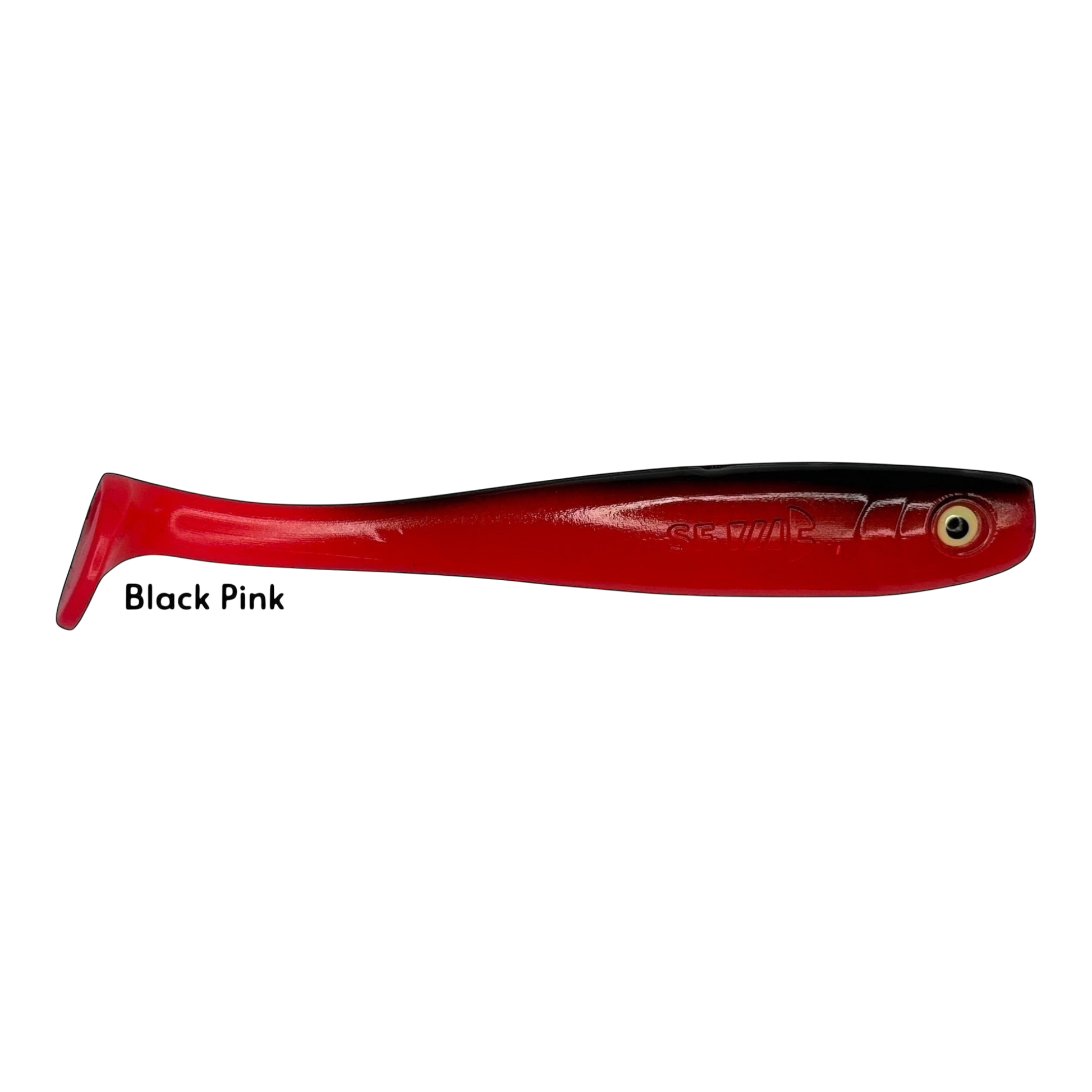Fish-ing.net KG Shrady 14cm modular soft plastic fishing lure in black and pink with a screw-in jig head system