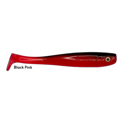 Fish-ing.net KG Shrady 14cm modular soft plastic fishing lure in black and pink with a screw-in jig head system