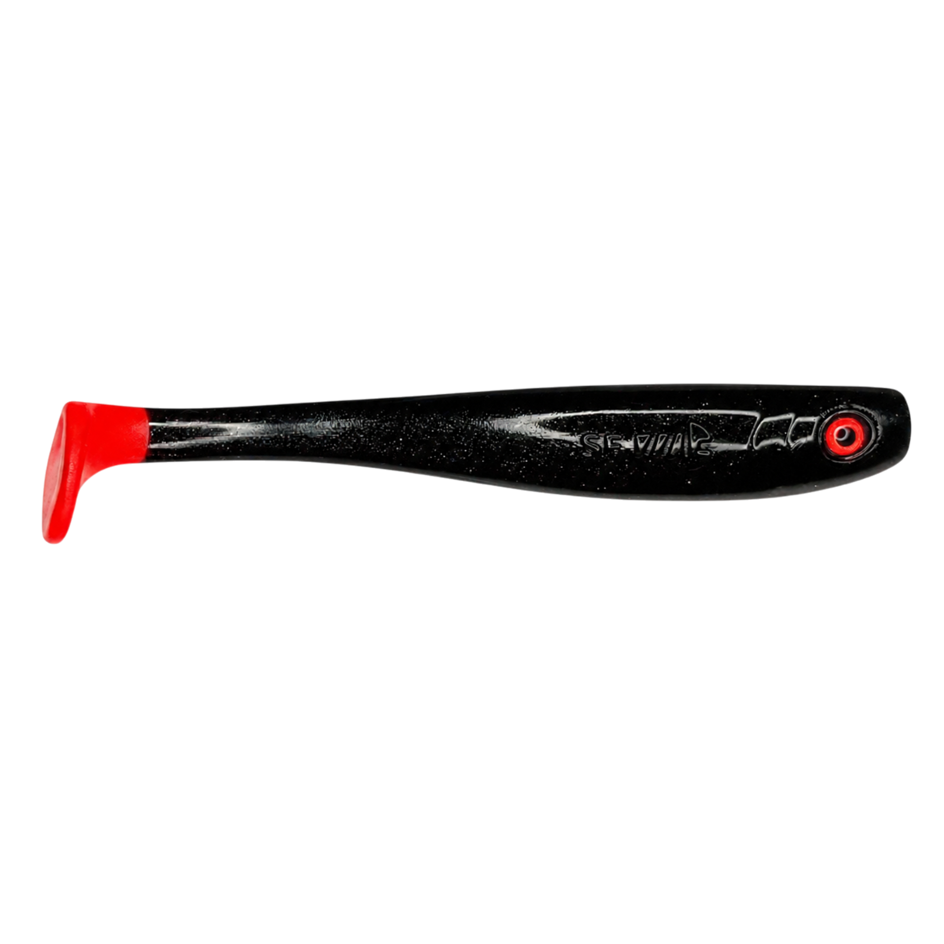 Fish-ing.net KG Shrady 14cm modular soft bait in black with a red paddle tail for predatory fishing