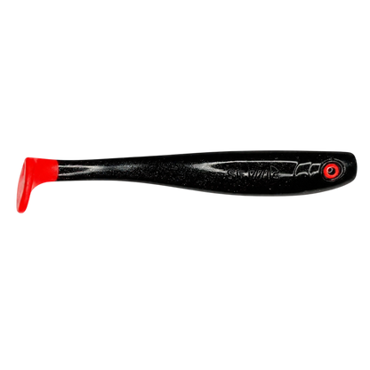Fish-ing.net KG Shrady 14cm modular soft bait in black with a red paddle tail for predatory fishing