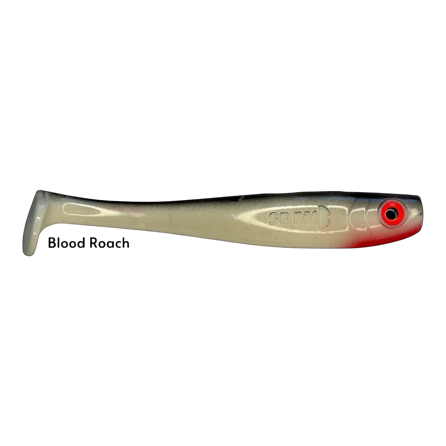 Fish-ing.net KG Shrady 14cm soft plastic lure in Blood Roach color with red eye and screw-in jig system