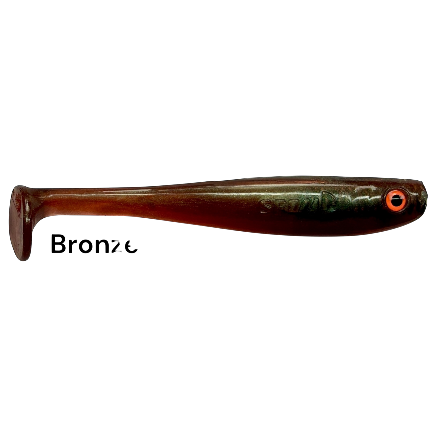 Fish-ing.net KG Shrady 10cm bronze soft plastic fishing lure with a paddle tail and realistic orange eye