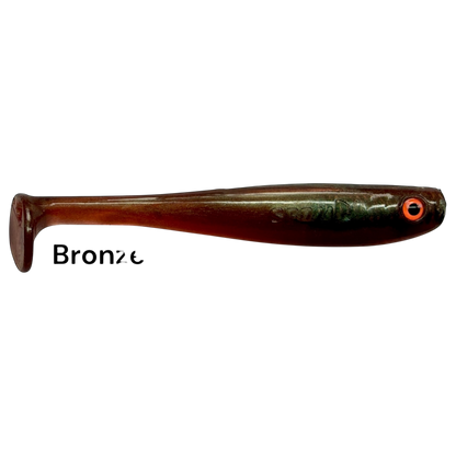 Fish-ing.net KG Shrady 10cm bronze soft plastic fishing lure with a paddle tail and realistic orange eye
