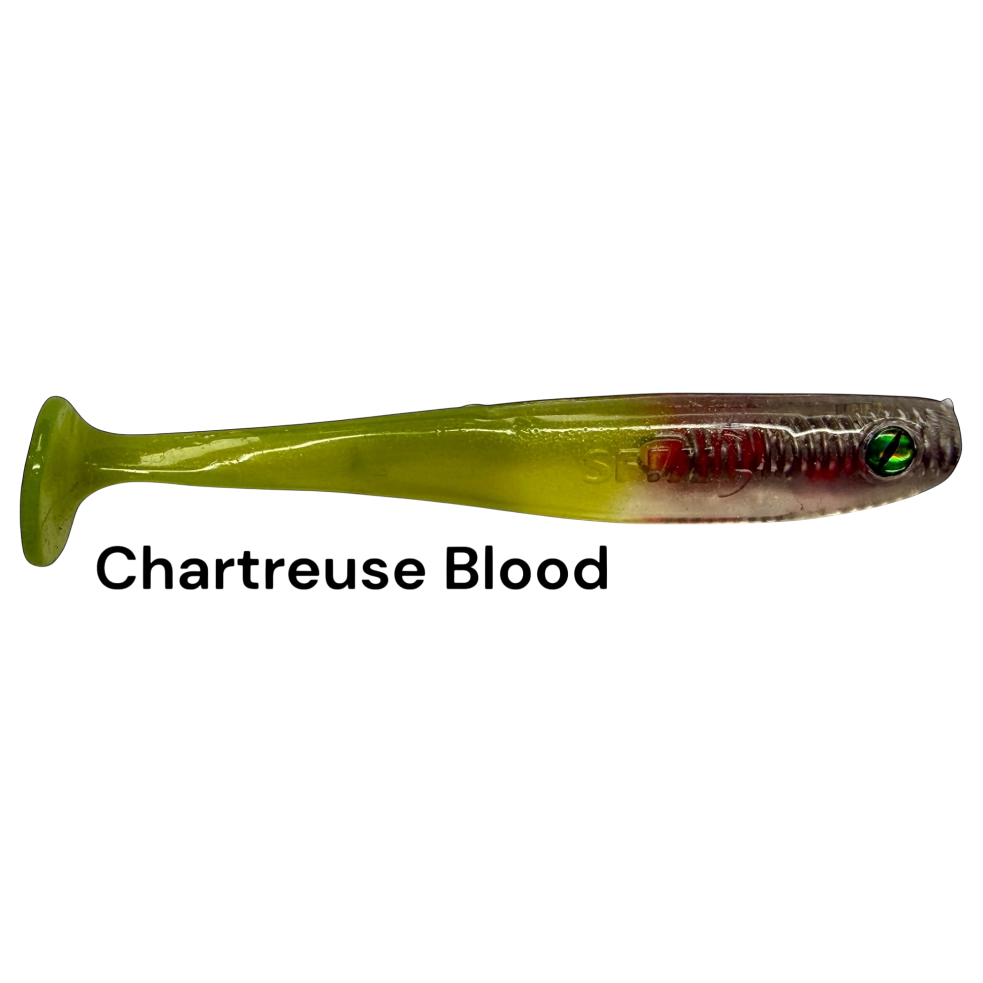 Fish-ing.net KG Shrady 10cm soft plastic fishing lure in Chartreuse Blood color with a paddle tail design.