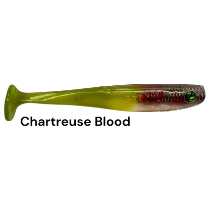 Fish-ing.net KG Shrady 10cm soft plastic fishing lure in Chartreuse Blood color with a paddle tail design.