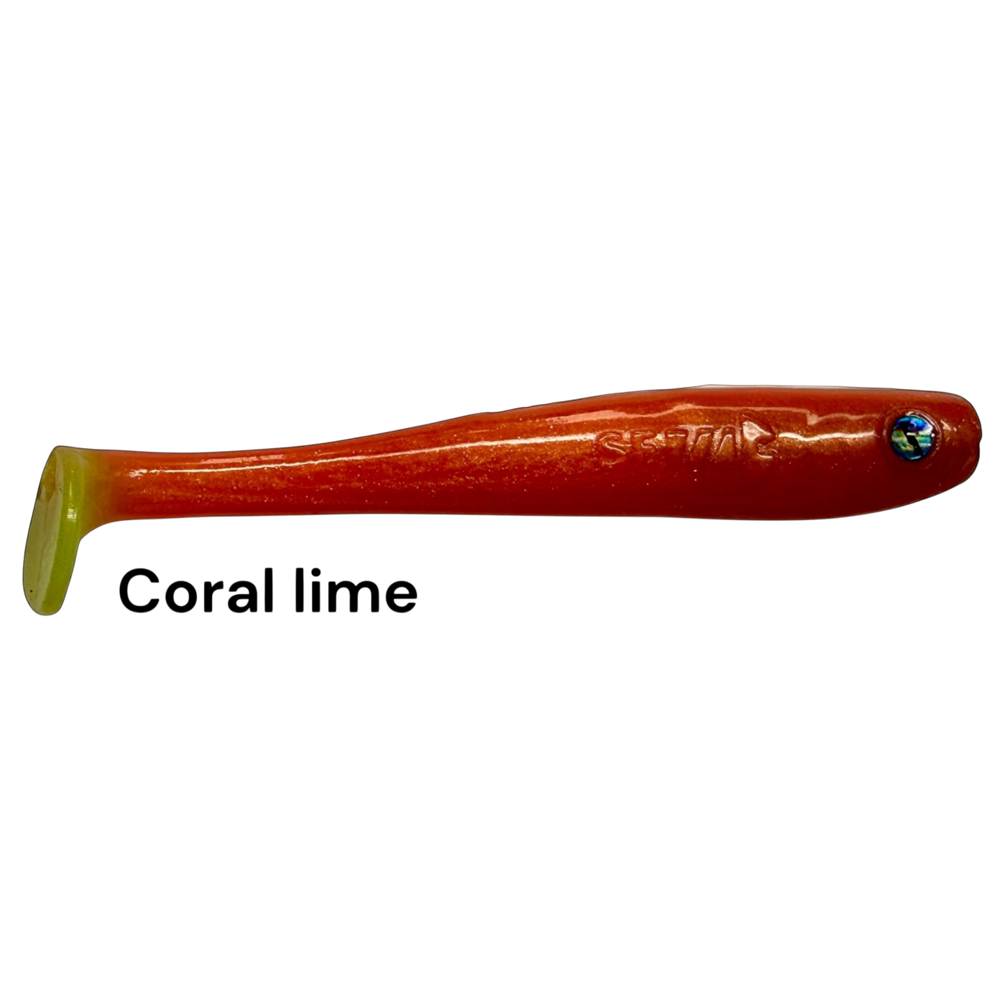 Fish-ing.net KG Shrady 10cm modular soft lure in coral lime color with a paddle tail for predator fishing
