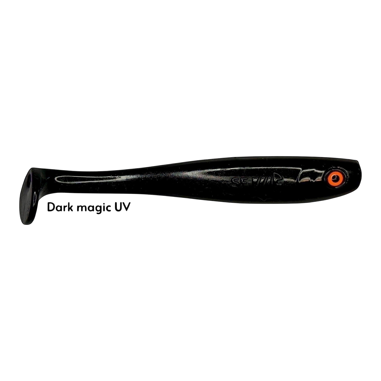 Fish-ing.net KG Shrady 14cm modular soft bait in Dark Magic UV black with orange eye detail for predator fishing