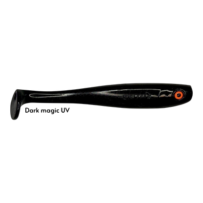 Fish-ing.net KG Shrady 14cm modular soft bait in Dark Magic UV black with orange eye detail for predator fishing