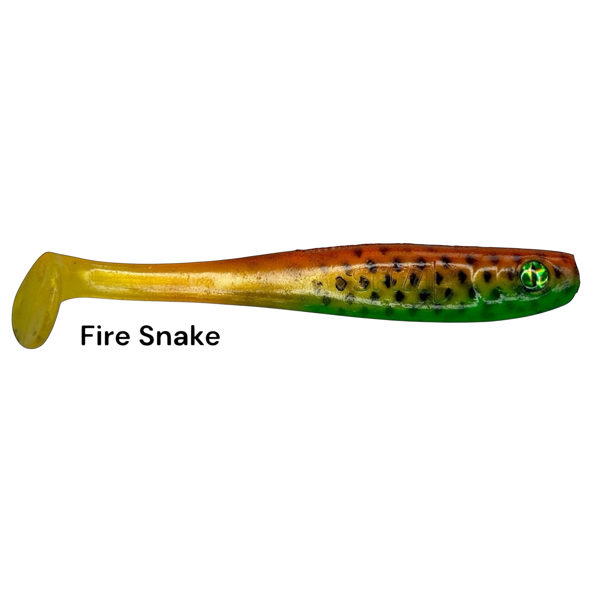 Fish-ing.net KG Shrady 10cm Fire Snake soft bait lure with a modular screw system and realistic spotted pattern.
