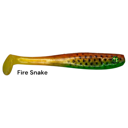 Fish-ing.net KG Shrady 10cm Fire Snake soft bait lure with a modular screw system and realistic spotted pattern.