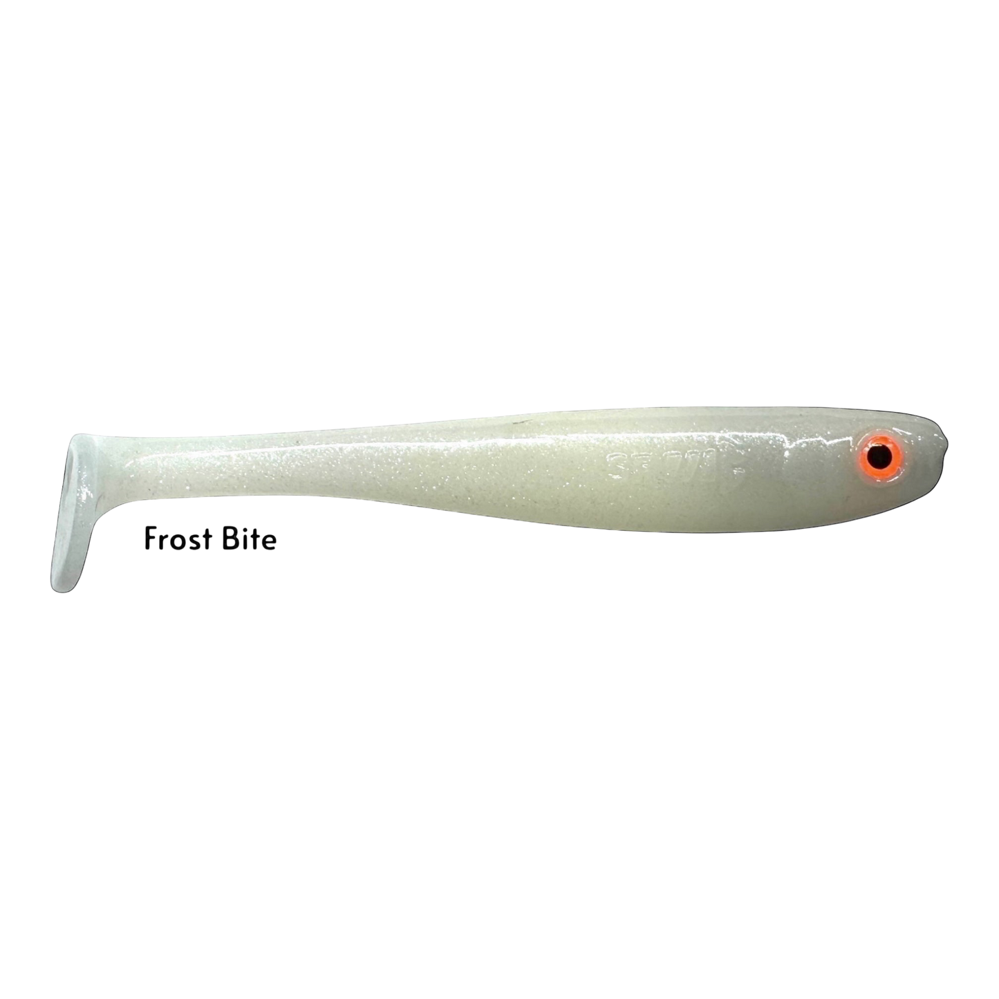 Fish-ing.net KG Shrady 14cm soft plastic fishing lure in Frost Bite color with a paddle tail and orange eye detail