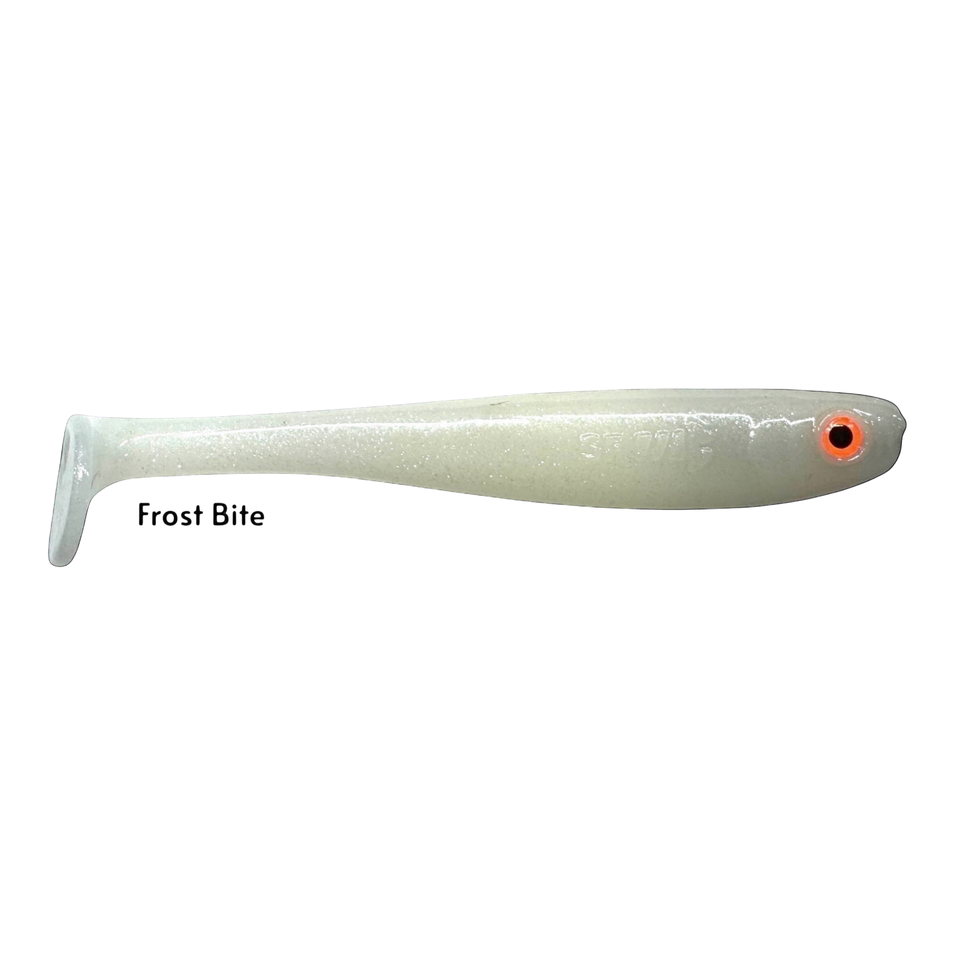 Fish-ing.net KG Shrady 14cm soft plastic fishing lure in Frost Bite color with a paddle tail and orange eye detail