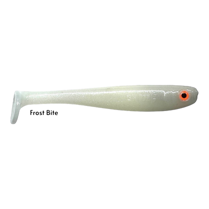 Fish-ing.net KG Shrady 14cm soft plastic fishing lure in Frost Bite color with a paddle tail and orange eye detail