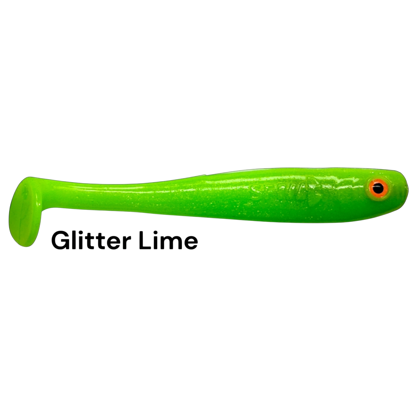 Fish-ing.net KG Shrady 10cm modular soft bait in glitter lime green with a paddle tail for predator fishing