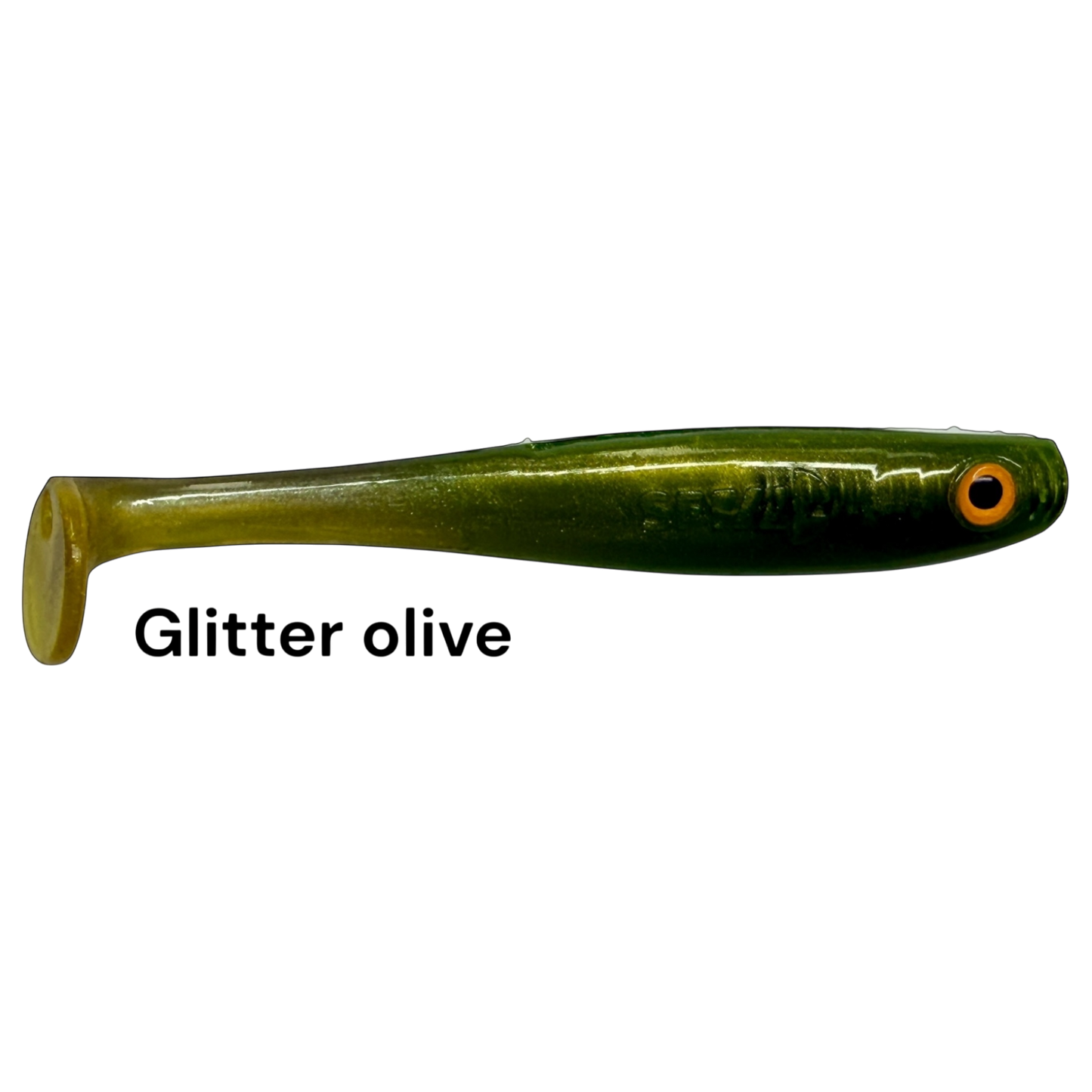 Fish-ing.net KG Shrady 10cm soft plastic fishing lure in glitter olive with orange eye for predator fishing