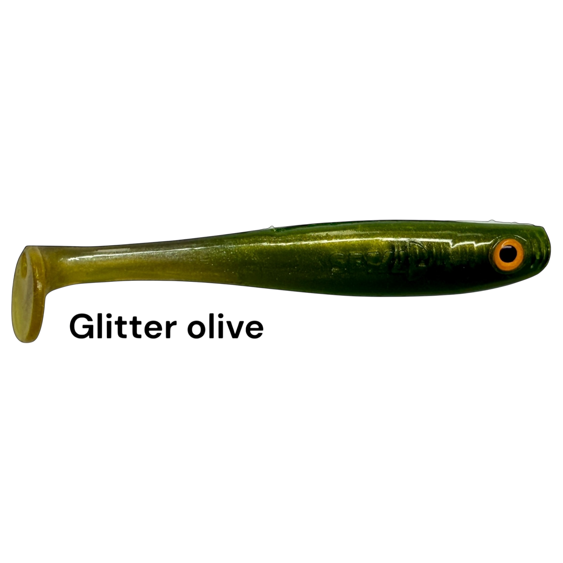 Fish-ing.net KG Shrady 10cm soft plastic fishing lure in glitter olive with orange eye for predator fishing