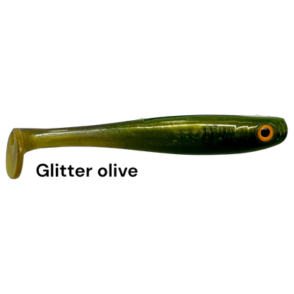 Fish-ing.net KG Shrady 10cm soft plastic fishing lure in glitter olive with orange eye for predator fishing