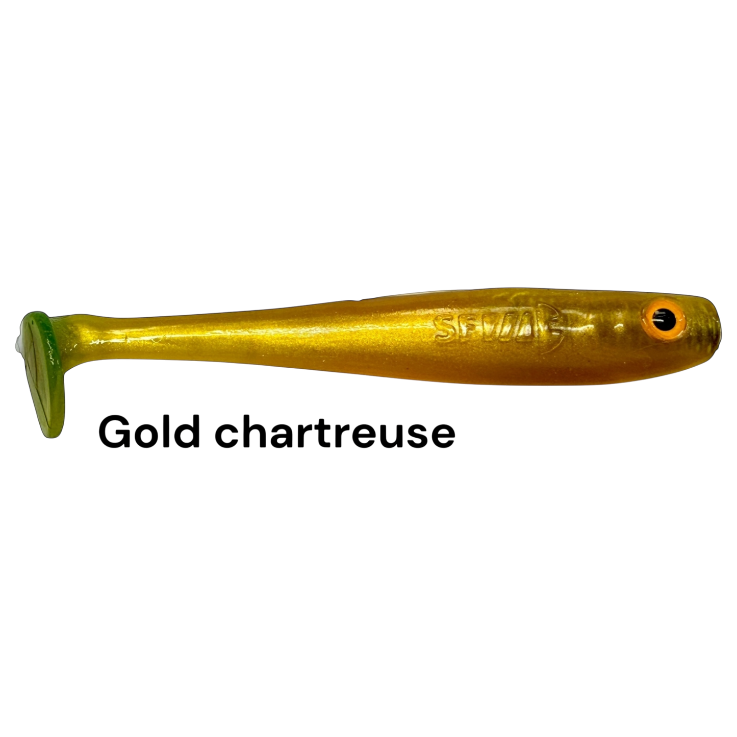Fish-ing.net KG Shrady 10cm gold chartreuse modular soft plastic fishing lure with screw system