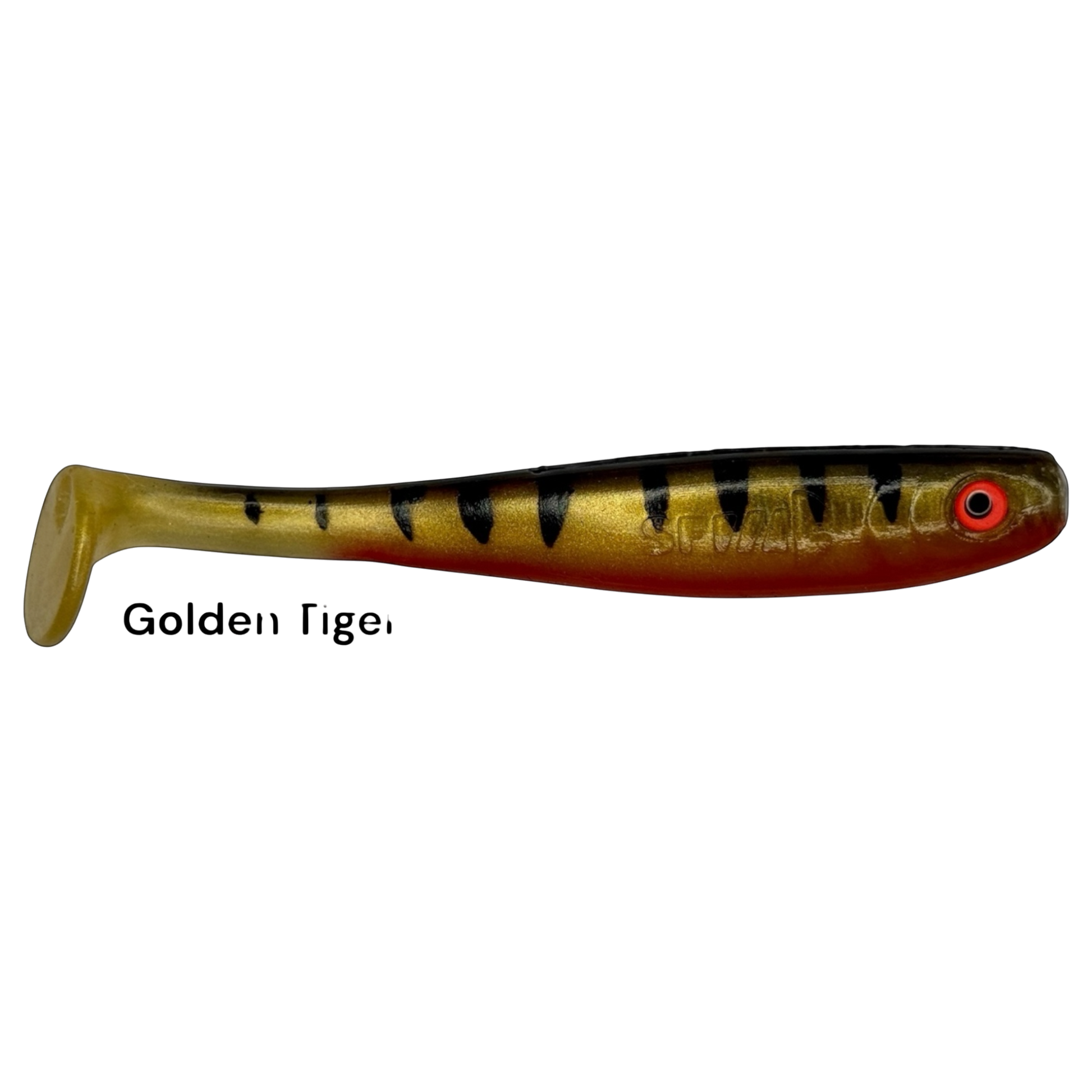 Fish-ing.net KG Shrady 10cm soft lure in Golden Tiger pattern with black stripes and red eye for predator fishing