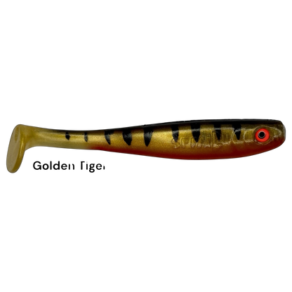 Fish-ing.net KG Shrady 10cm soft lure in Golden Tiger pattern with black stripes and red eye for predator fishing