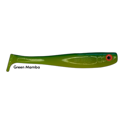 Fish-ing.net KG Shrady 14cm soft plastic lure in Green Mamba color with red eye for predatory fishing