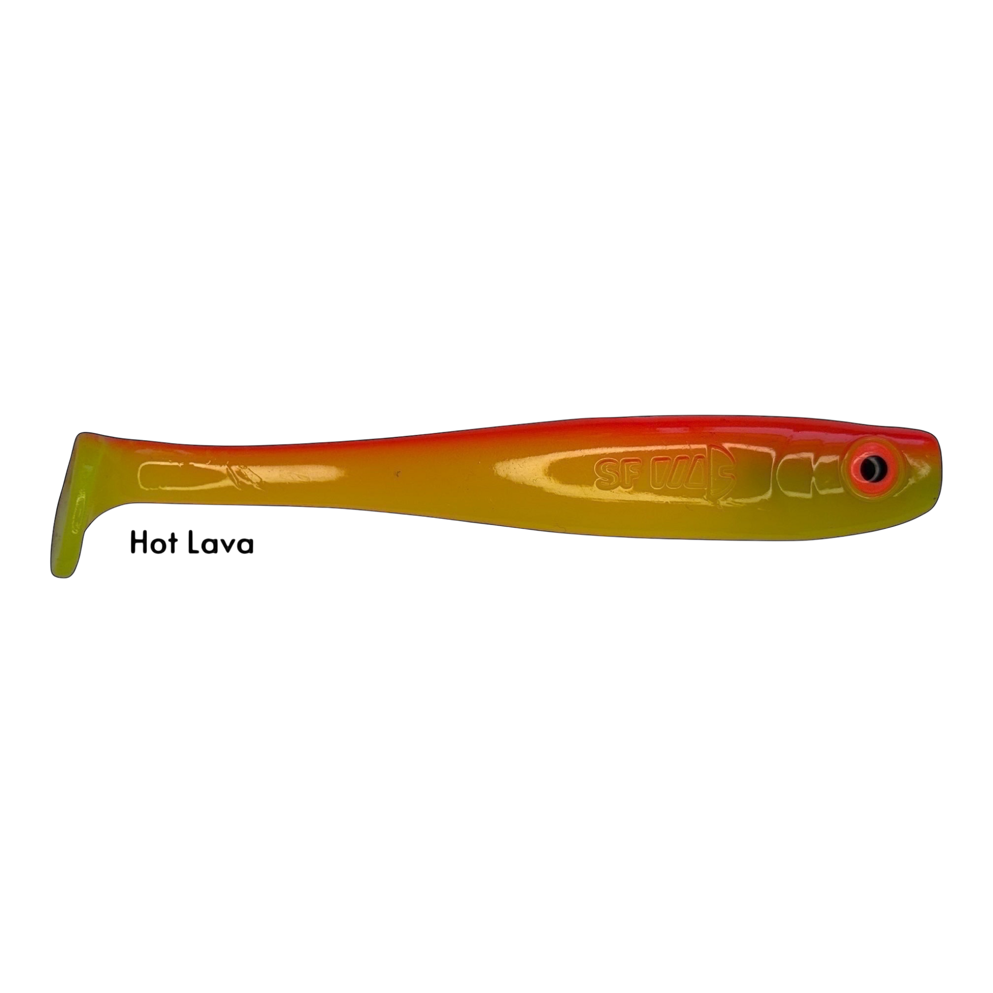Fish-ing.net KG Shrady 14cm soft plastic lure in Hot Lava orange and yellow colour for predatory fishing