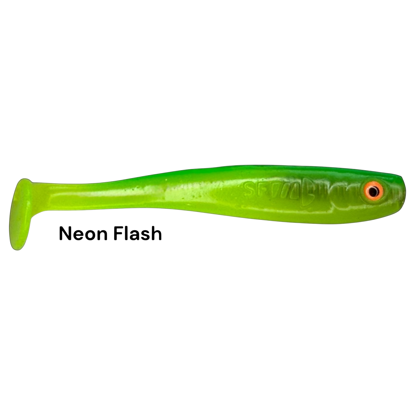 Fish-ing.net KG Shrady 10cm neon green soft plastic fishing lure with paddle tail and screw system