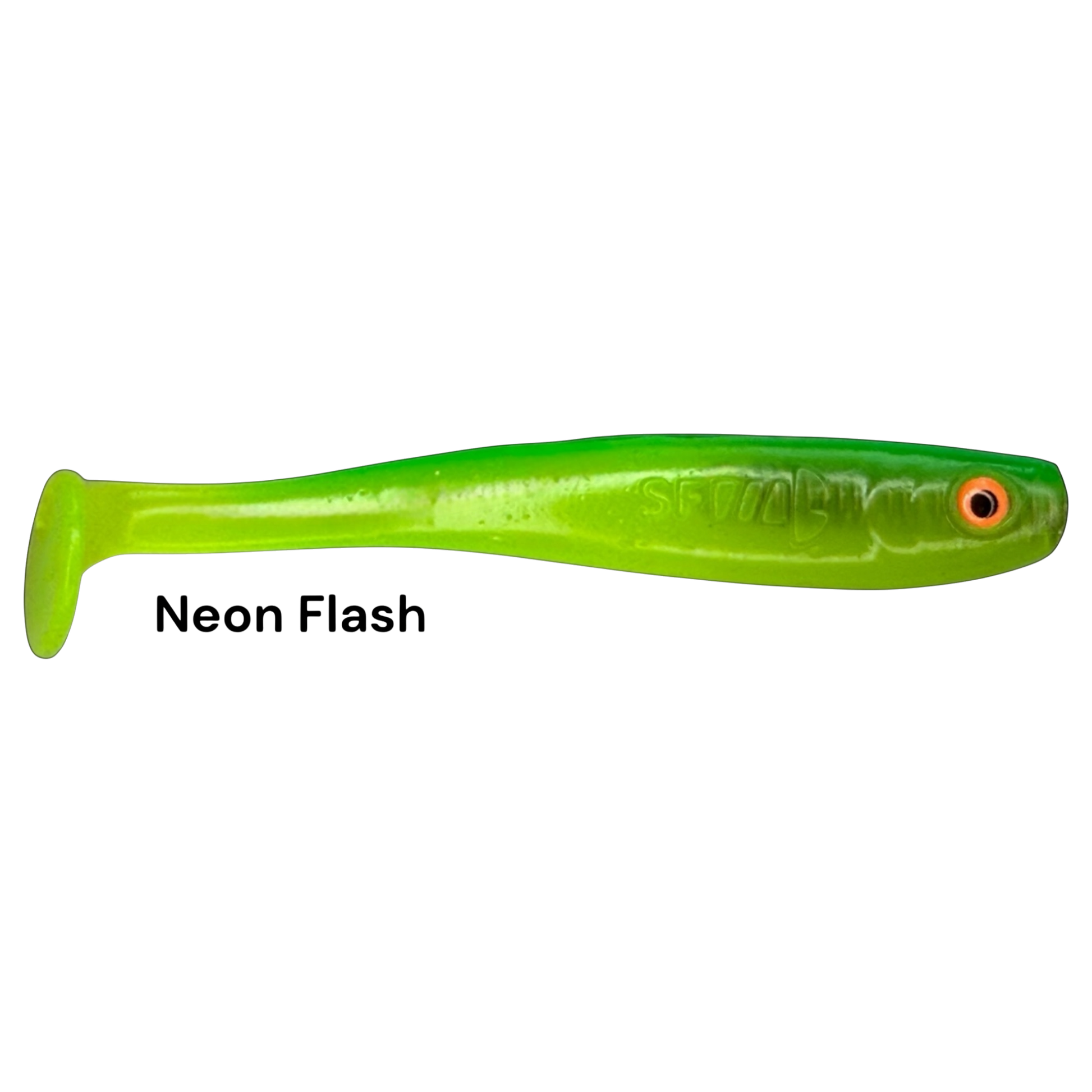 Fish-ing.net KG Shrady 10cm neon green soft plastic fishing lure with paddle tail and screw system