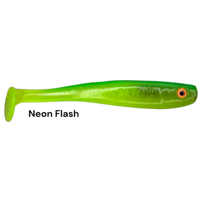 Fish-ing.net KG Shrady 10cm neon green soft plastic fishing lure with paddle tail and screw system