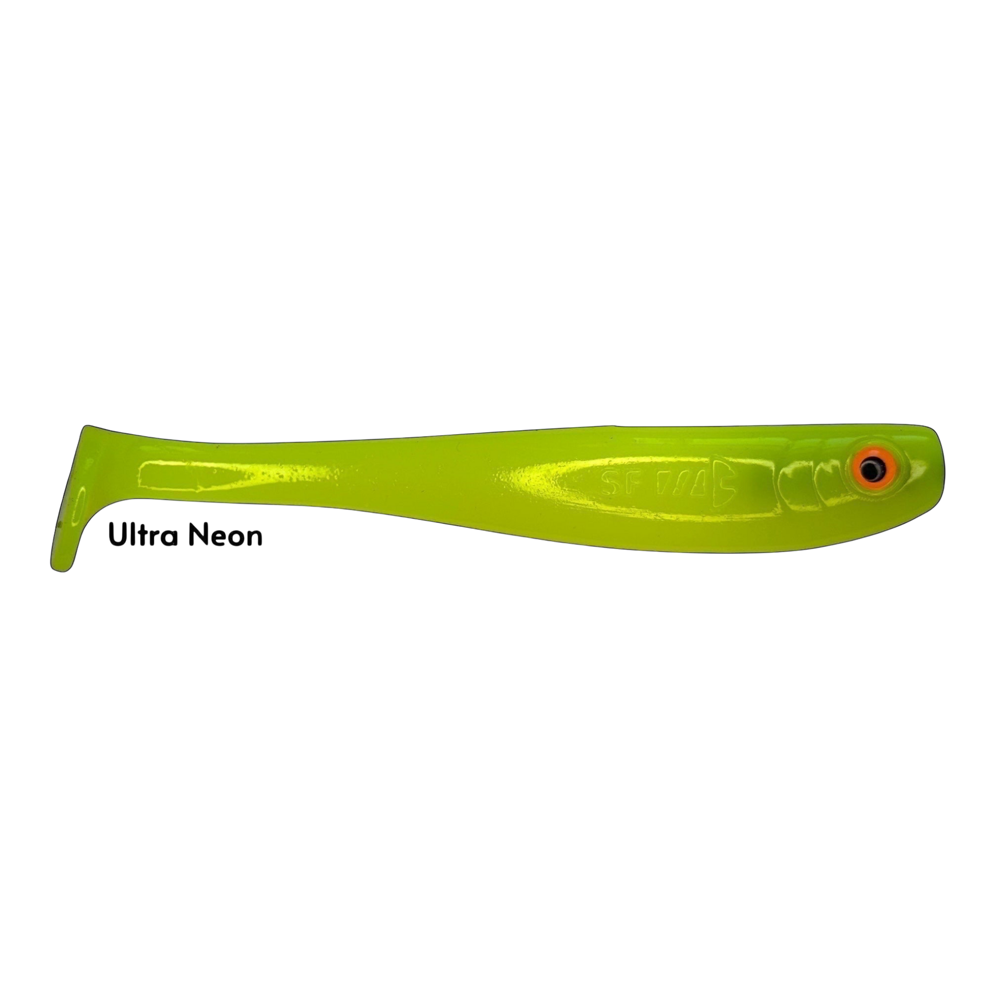 Fish-ing.net KG Shrady 14cm modular soft bait in neon green with orange eye for predator fishing