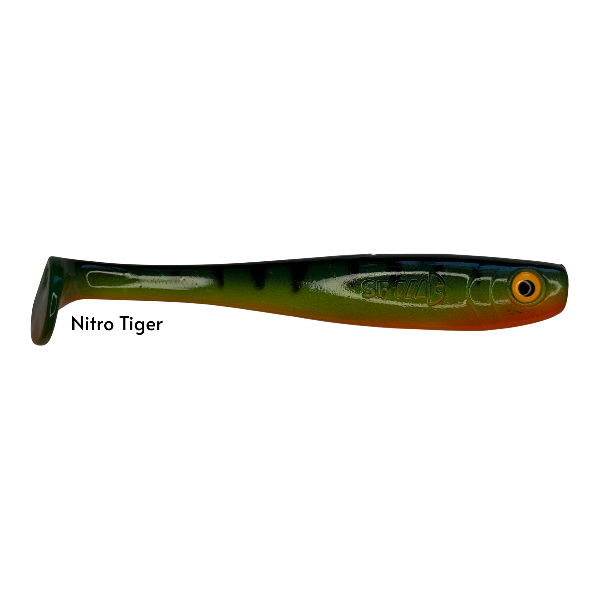 Fish-ing.net KG Shrady 14cm soft bait in Nitro Tiger colour with a paddle tail for predator fishing