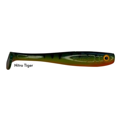 Fish-ing.net KG Shrady 14cm soft bait in Nitro Tiger colour with a paddle tail for predator fishing