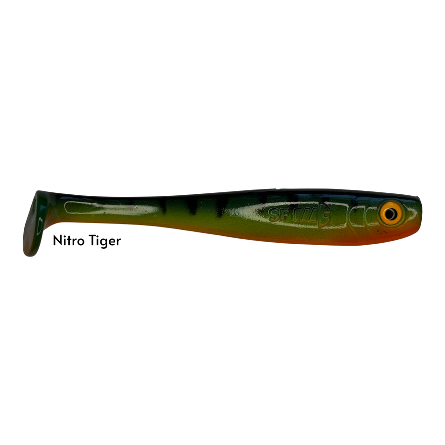 Fish-ing.net KG Shrady 14cm soft bait in Nitro Tiger colour with a paddle tail for predator fishing