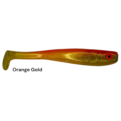 Fish-ing.net KG Shrady 10cm modular soft plastic fishing lure in orange gold with a paddle tail and screw system