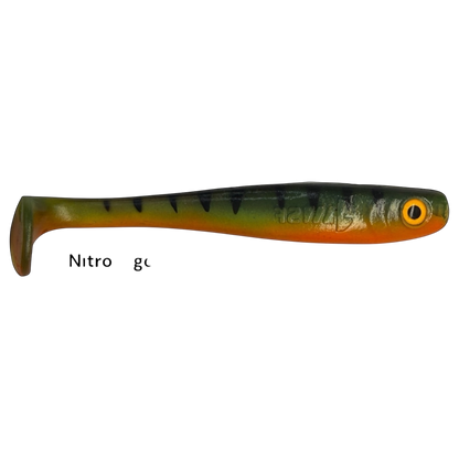 Fish-ing.net KG Shrady 10cm modular soft lure in perch pattern with orange belly and black stripes for predator fishing